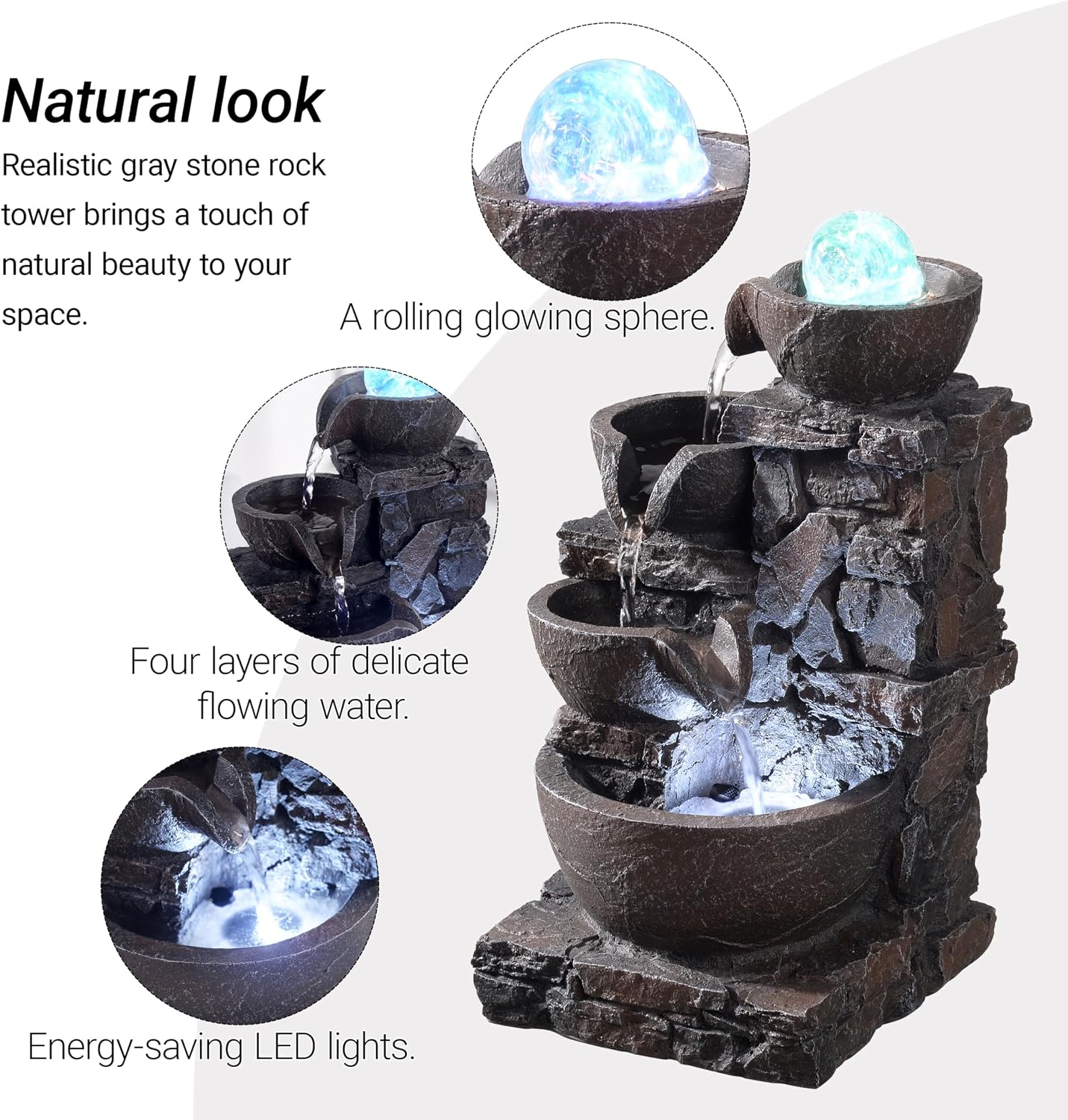 Tabletop Indoor Water Fountain – 3-Tier Rock Waterfall Fountain with Warm LED Light and DIY Planting Pot – Relaxing Small Water Feature for Desk or Home Decor (23061)