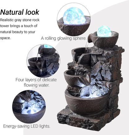 Tabletop Indoor Water Fountain – 3-Tier Rock Waterfall Fountain with Warm LED Light and DIY Planting Pot – Relaxing Small Water Feature for Desk or Home Decor (23061)