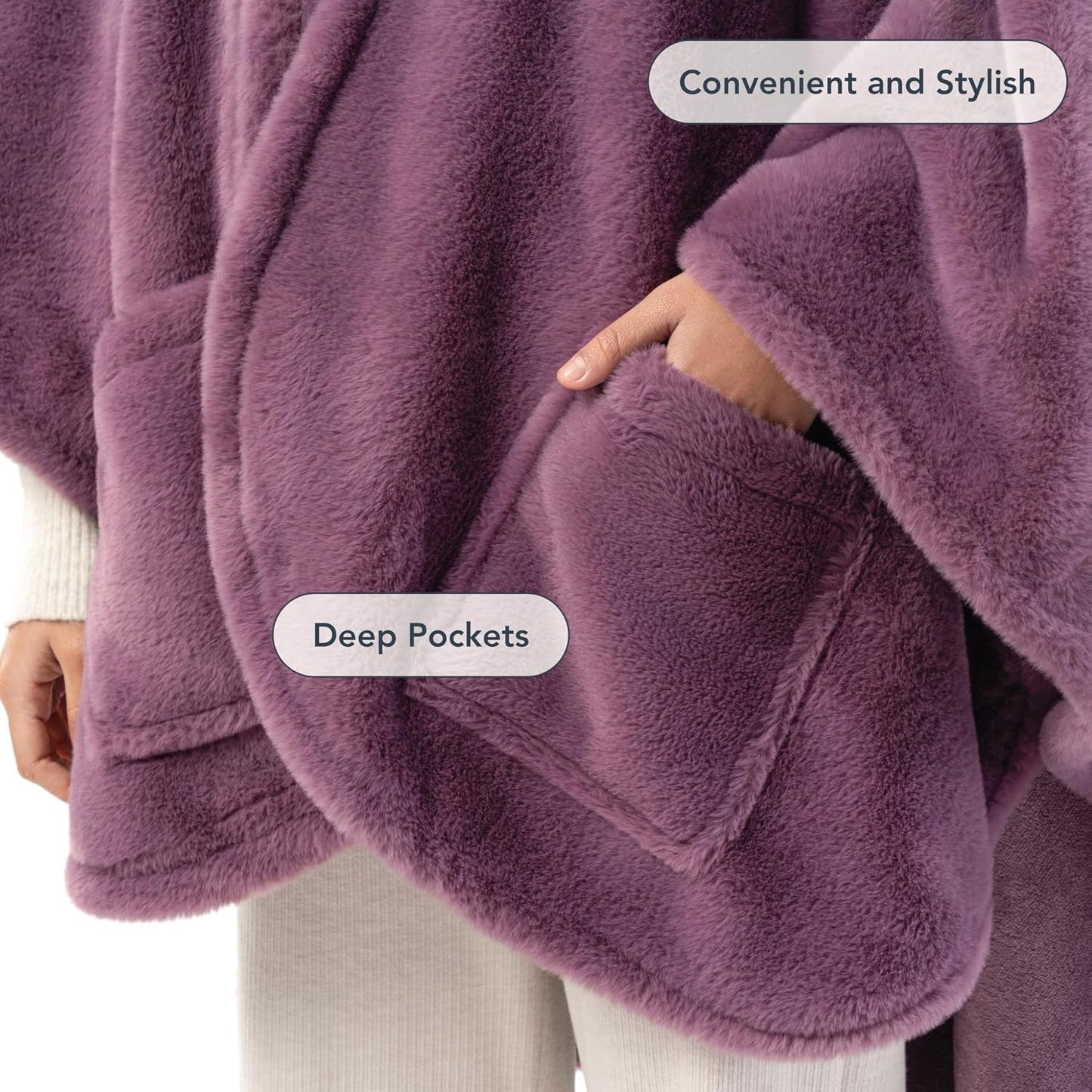 Berkshire Faux Fur Wearable Blanket, Cozy Reversible Loftmink Fleece Shawl with Hood & Side Pockets
