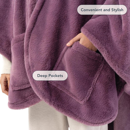 Berkshire Faux Fur Wearable Blanket, Cozy Reversible Loftmink Fleece Shawl with Hood & Side Pockets