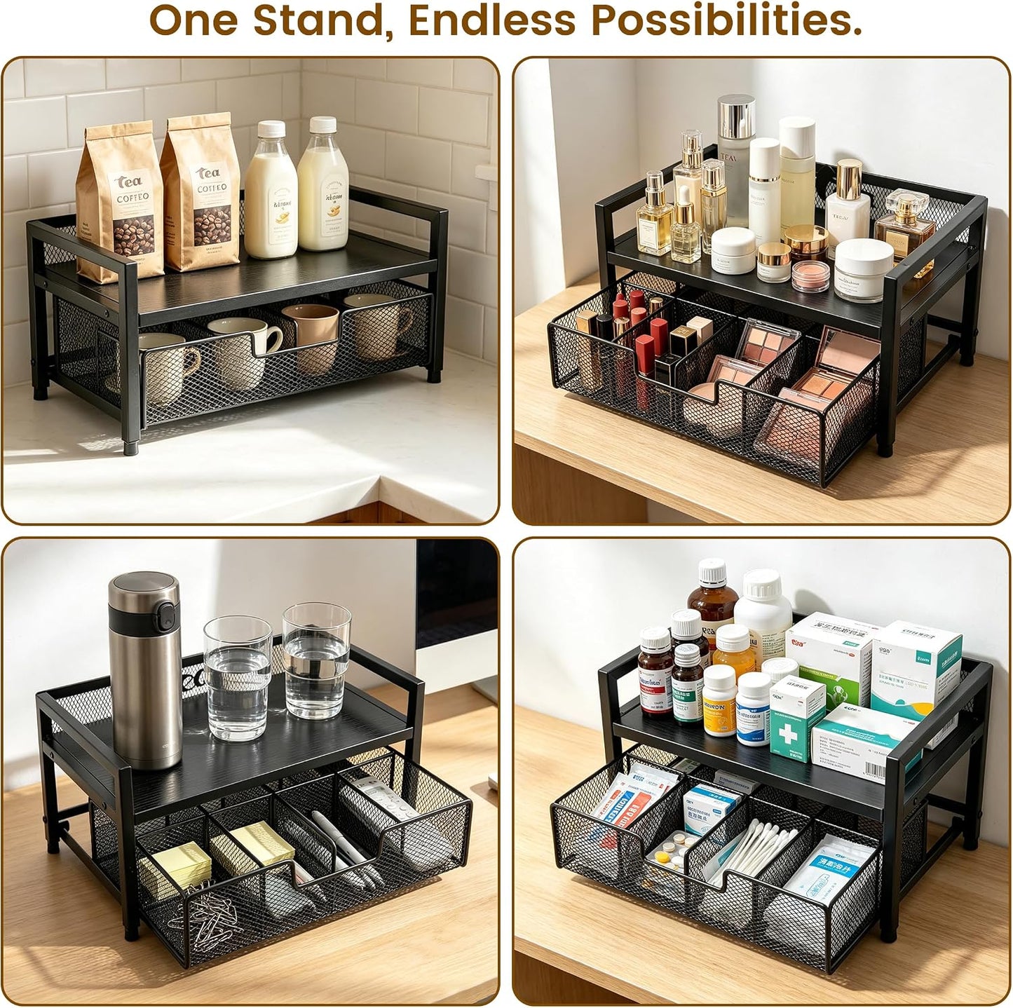 2 Tier Tea Bag Organizer and Storage - 8 Drawer Sliding Tea Box Organizer, Tea Bar Accessories Organizer for Countertop, Bar Station, Kitchen (Rustic Brown)