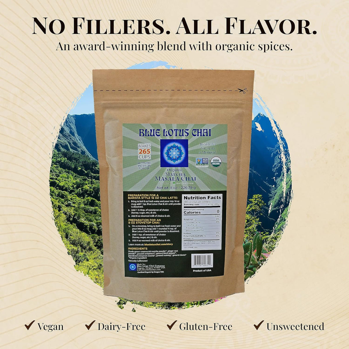 Blue Lotus Chai - Rooibos Flavor Masala Chai - Makes 65 Cups - 2 Ounce Masala Spiced Chai Powder with Organic Spices - Instant Indian Tea No Steeping - No Gluten