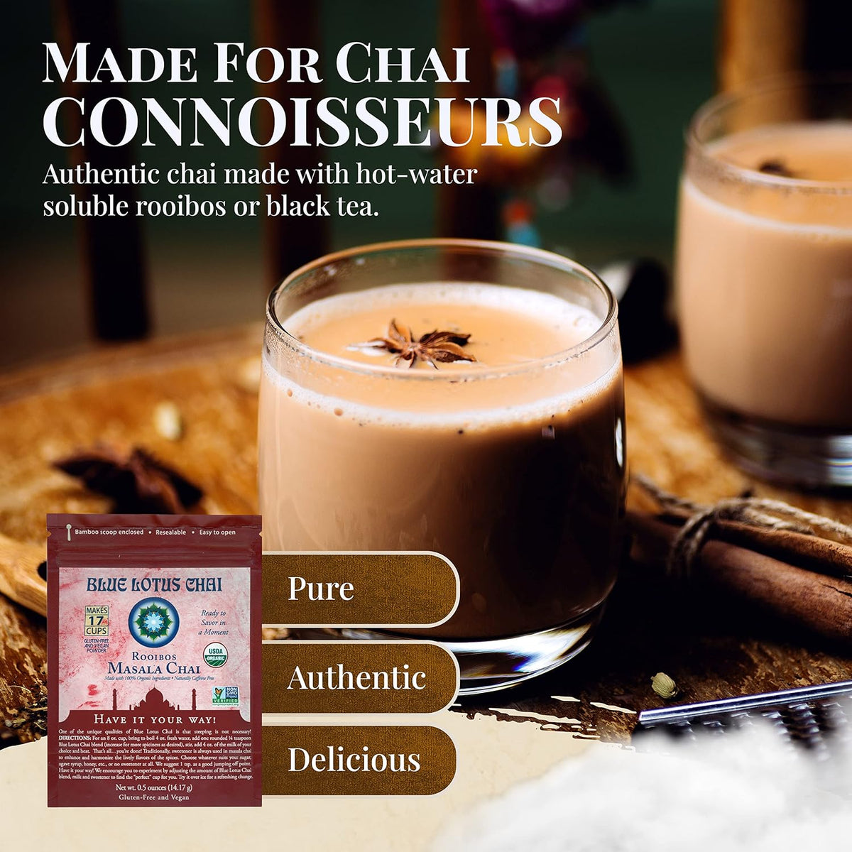 Blue Lotus Chai - Rooibos Flavor Masala Chai - Makes 65 Cups - 2 Ounce Masala Spiced Chai Powder with Organic Spices - Instant Indian Tea No Steeping - No Gluten