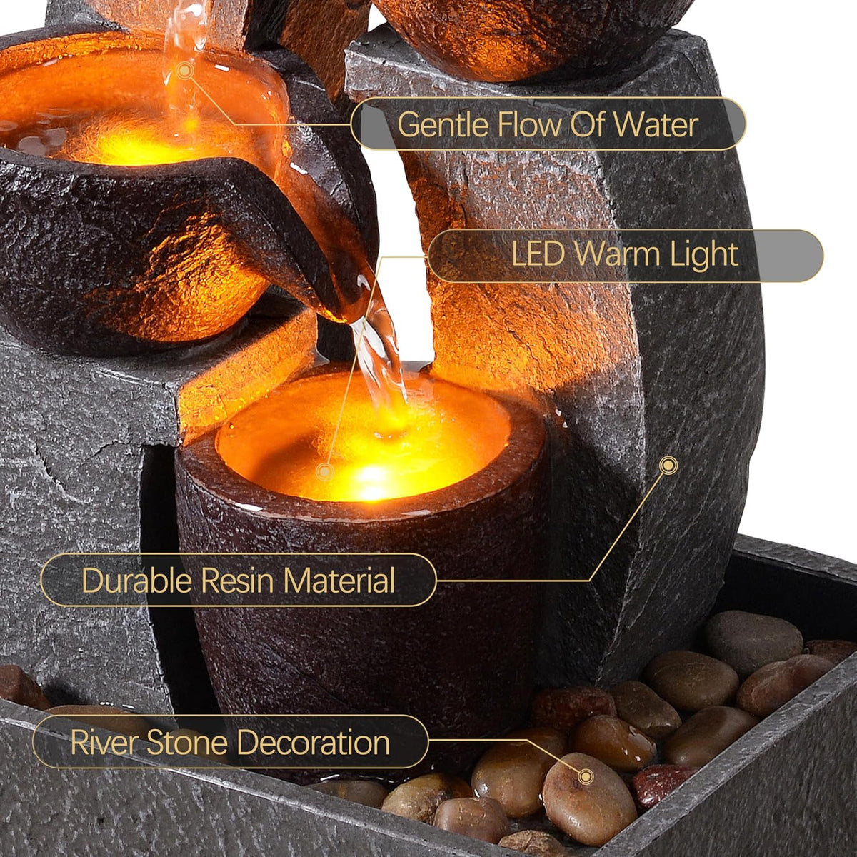 GOSSI Tabletop Water Fountain with LED Lights, Indoor Waterfall Fountain with Cascading Bowls and Pebbles, Small Desk Fountain for Home Office Decor