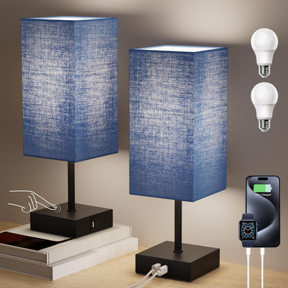 Table Lamp for Bedroom, 3 Way Dimmable Touch Bedside Lamp, Small Lamp with 2 USB C+A Charging Ports, Black Nightstand Lamps for End Table, Living Room, Desk, Bulb Included