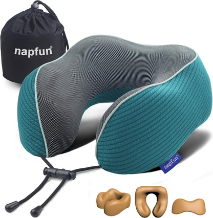 napfun Neck Pillow for Traveling, Upgraded Travel Neck Pillow for Airplane 100% Pure Memory Foam Travel Pillow for Flight Headrest Sleep, Portable Plane Accessories, Light Grey