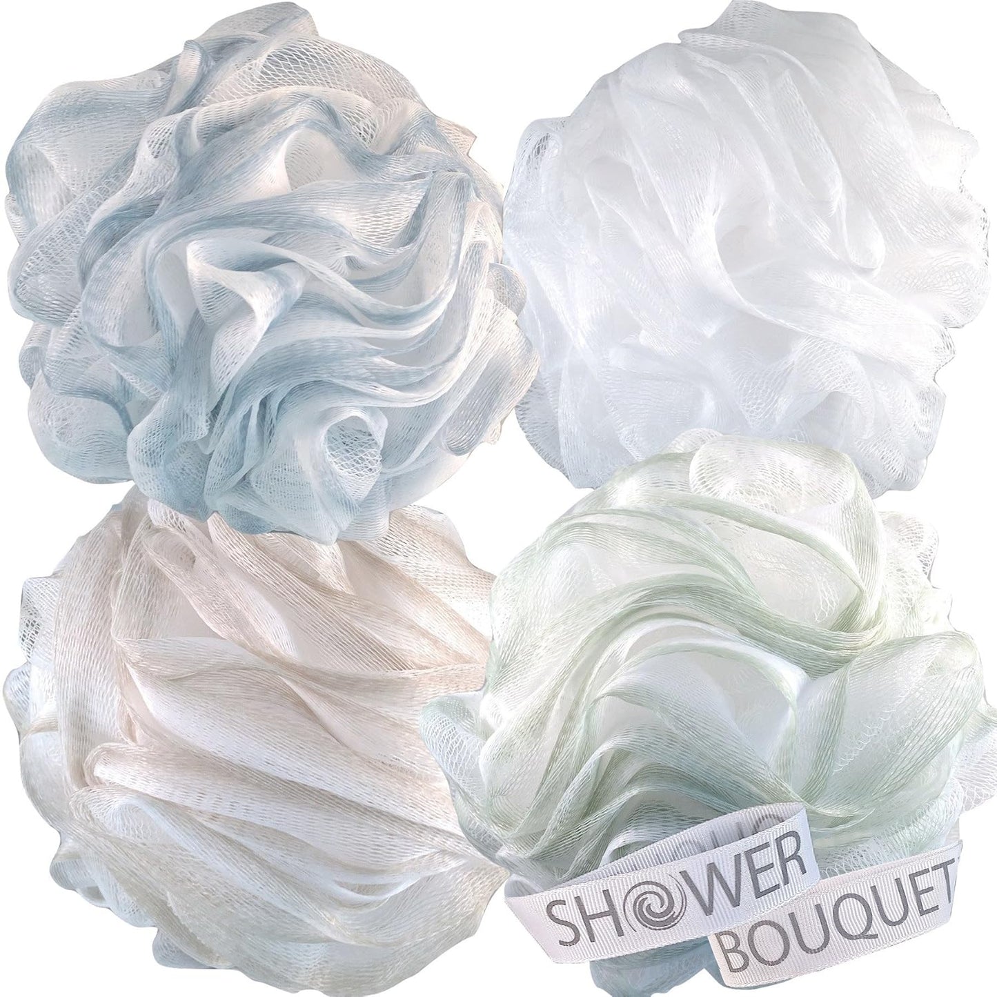 SHOWER BOUQUET Loofah-Charcoal Bath-Sponge XL-Color-4-Pack // Extra Large 75g Soft Mesh Black Luffa Loofa Loufa Puff Set/Exfoliating Body Scrubber for Women and Men - Exfoliate & Soothe Face & Body