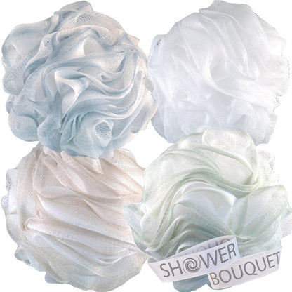 SHOWER BOUQUET Loofah-Charcoal Bath-Sponge XL-Color-4-Pack // Extra Large 75g Soft Mesh Black Luffa Loofa Loufa Puff Set/Exfoliating Body Scrubber for Women and Men - Exfoliate & Soothe Face & Body