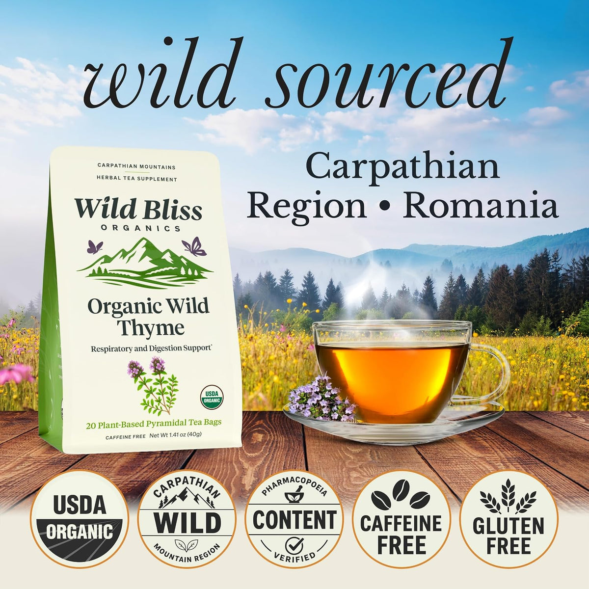 Wild Bliss Organic Wild Thyme Tea - Respiratory Support - 20 Tea Bags