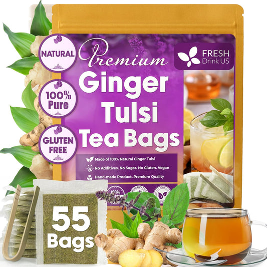 FreshDrinkUS, Premium 55 Ginger Tulsi Tea Bags, 100% Natural, Hand-made Blend of Ginger and Tulsi Holy Basil Leaves, Eco-conscious Tea Bags. Herbal Tea. No Sugar, No Caffeine, Vegan.