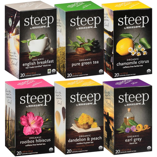 Steep by Bigelow Organic 6 Flavor Tea Variety Pack, 20 Count (Pack of 6)