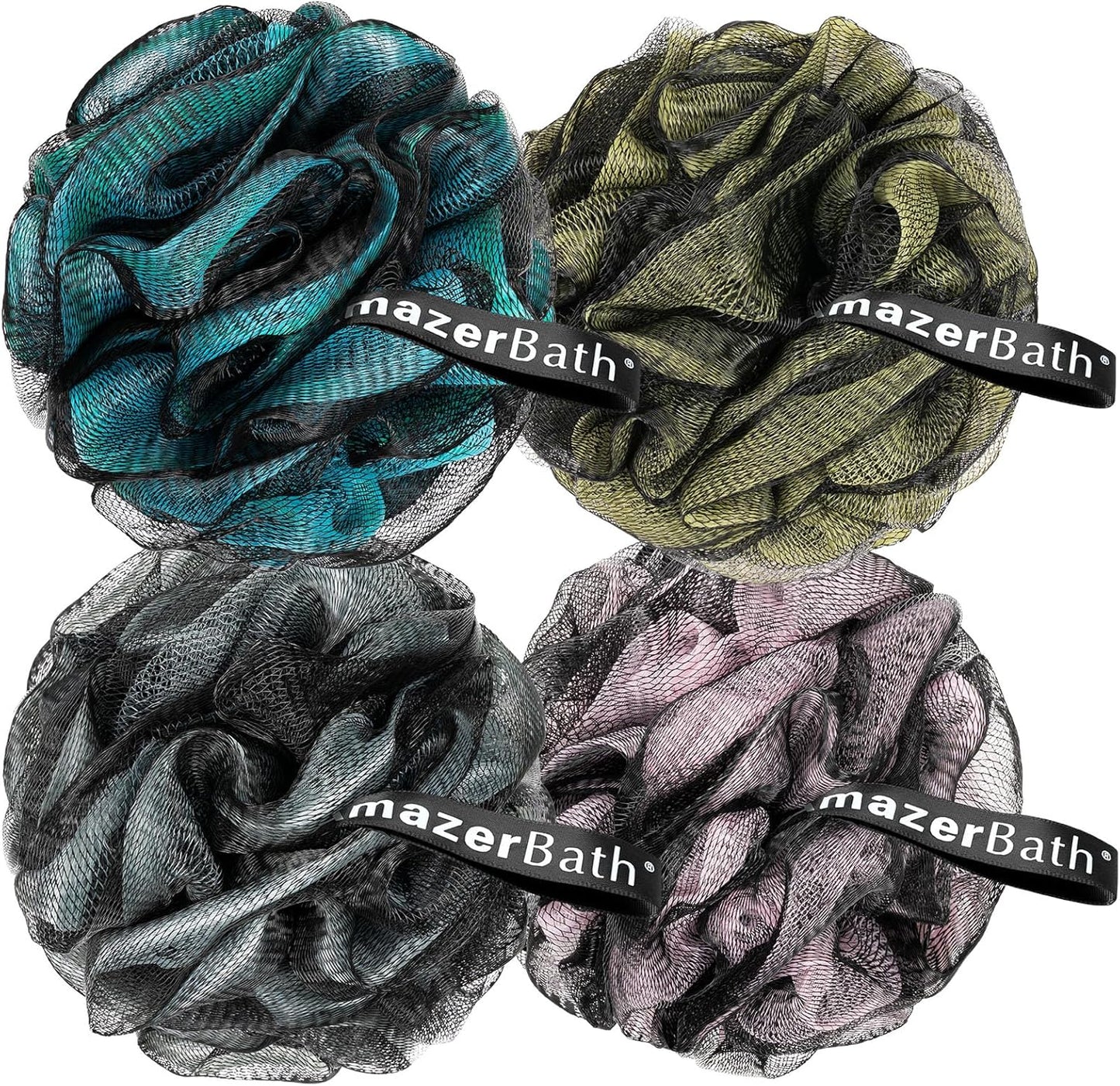 AmazerBath Charcoal Loofah Sponge, Shower Loofah 60g/PCS - Body Scrubber Loofa Set of 4 - Charcoal Blue, Green, Purple & Red, Bath Sponge for Men and Women