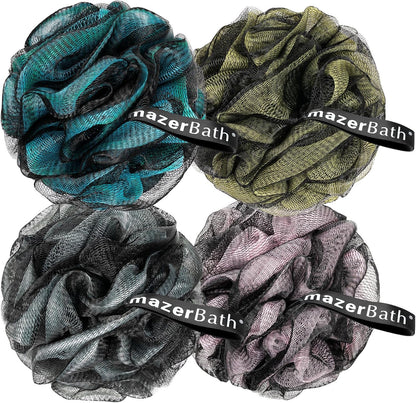 AmazerBath Charcoal Loofah Sponge, Shower Loofah 60g/PCS - Body Scrubber Loofa Set of 4 - Charcoal Blue, Green, Purple & Red, Bath Sponge for Men and Women