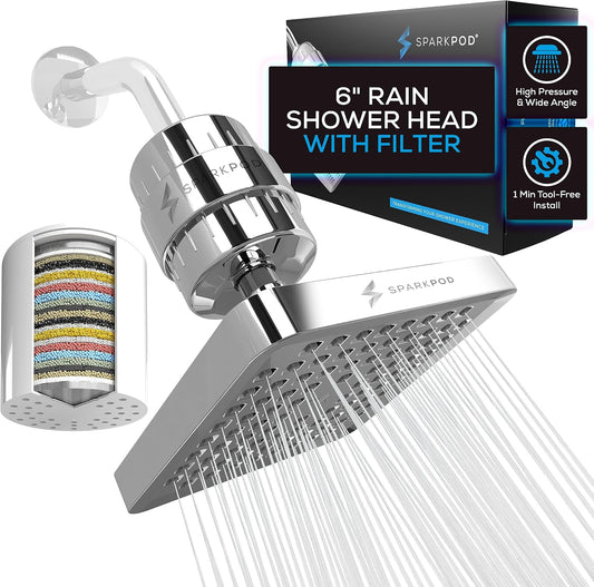SparkPod Luxury Filtered Shower Head Set 23 Stage Shower Filter - Reduces Chlorine and Heavy Metals - High Pressure Showerhead Filter (6" Round, Polished Chrome Finish)