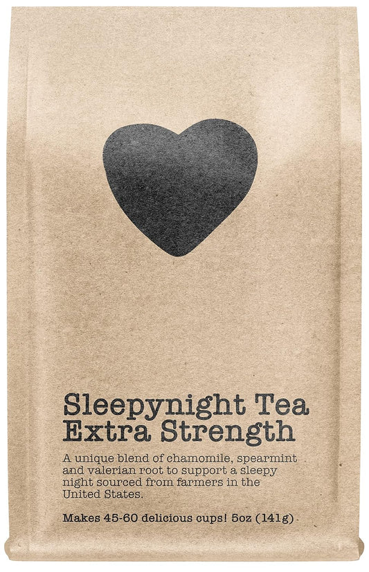 Sleepynight Tea Extra Strength, 45-60 Servings, Eco-Conscious Zip Pouch, Caffeine Free, Pure Loose Leaf Tea Grown in America, 5 Ounce (Medium)