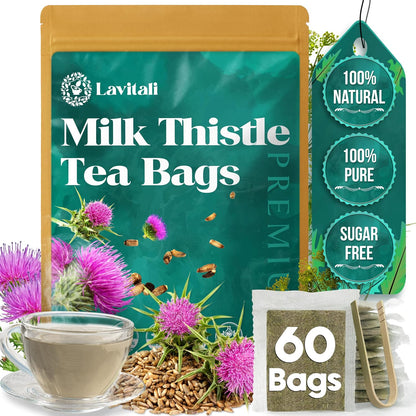 Lavitali, Milk Thistle Tea Bags | 60 bags, 100% Pure Herbal Tea | Caffeine-Free, Antioxidant-Rich, Eco-Friendly Filter Bags | Daily Natural Botanical, Hot or Iced Herbal Infusion