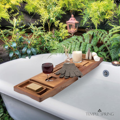 Temple Spring Bamboo Bathtub Tray Caddy for Tub — Expandable Wood Bath Tray with Solid Book Stand Wine Holder and Non-Slip Pads — Includes Bamboo Soap Dish and Spa Accessories — Luxury Bath Gift Set