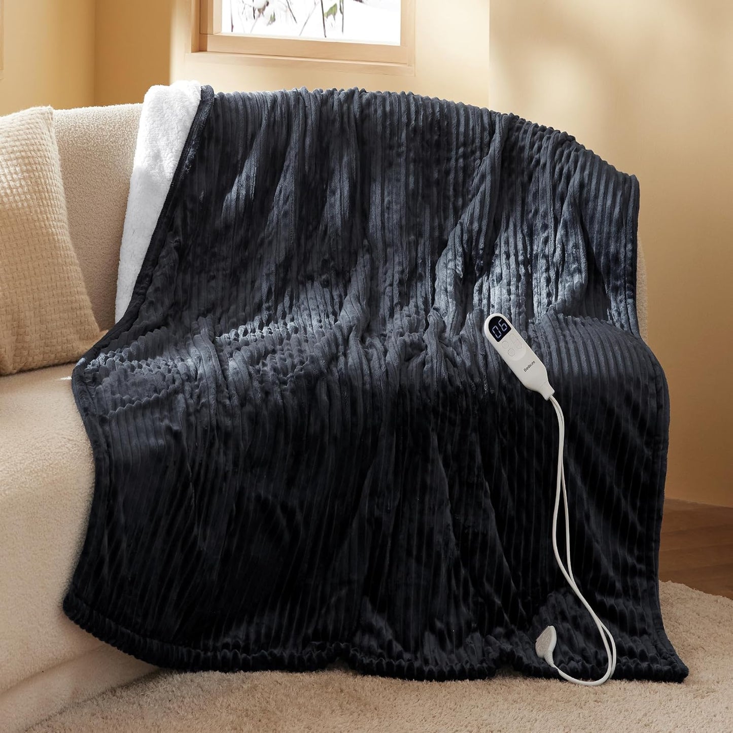 Bedsure GentleSoft Heated Blanket Throw - Soft Ribbed Flannel Electric Blanket, Gifts for Grandma (50x60 inches, Grey)