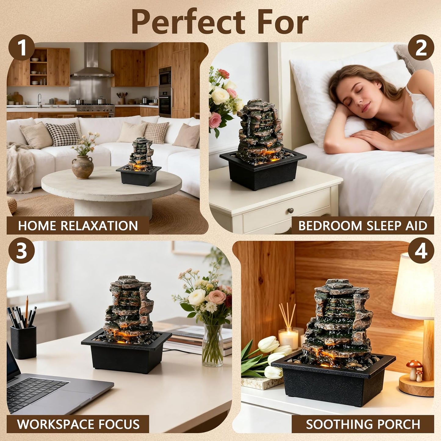 GOSSI Meditation Waterfall Fountain with LED Lights, Indoor Tabletop Water Fountain Decorated with Natural River Rocks, Office & Home Relaxation Decor, Christmas Decoration