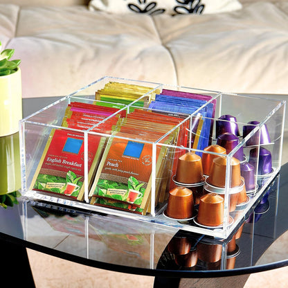 Heavy-Duty Acrylic Tea Bag Organizer, 8-Compartment Storage Box | Perfect Organizer: 8-compartment design keeps tea bags and coffee pods neatly sorted, saving space on your countertop.