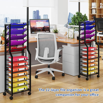 Simple Trending 12-Tier Rolling File Cart, Desk File Organizer with 11 Mesh Sliding Trays, Letter & Legal Paper Storage Rolling Utility Cart for Office Home School, Black