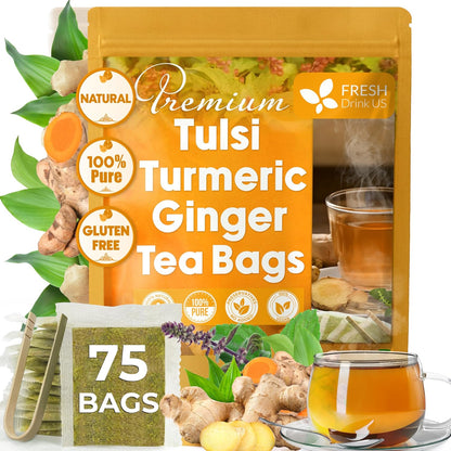 FreshDrinkUS, Premium Tulsi Turmeric Ginger Tea, 75 Count, Caffeine Free