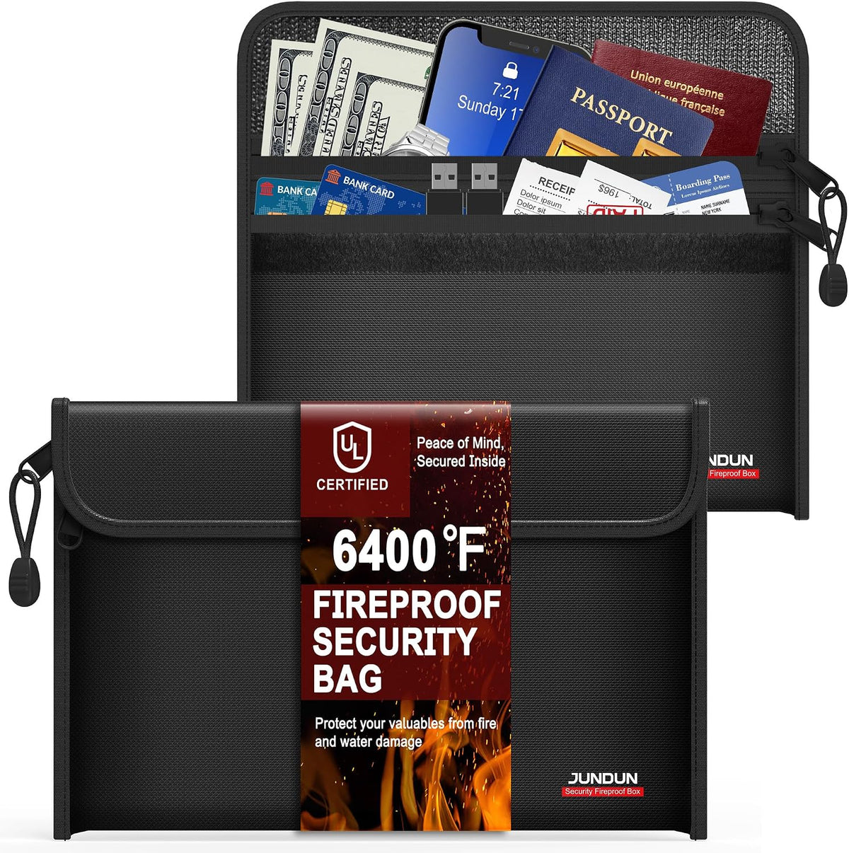 6400℉ Fireproof Money Bag,8.6”x 5.9” Dual Zippers 12 Layers