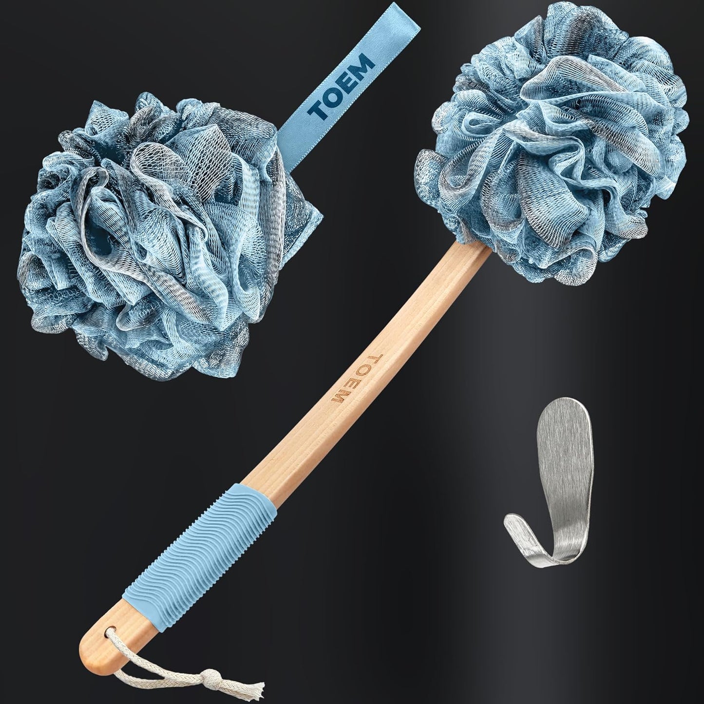 Toem® Loofah Back Scrubber for Shower | Bamboo Charcoal Fiber Infused | Loufas for Men & Women | Includes 1 Long Handled Shower Sponge, 1 Bath & Shower Luffa Pouf & 1 Hook to Hang Stuff (Slate Grey)