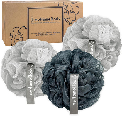 myHomeBody Large 70g Loofah Sponge, Bath Body Scrubber for Women, Men, Exfoliating Shower Pouf with Activated Charcoal - 2 Graphite Gray + 1 Sage Green, 3 Pack