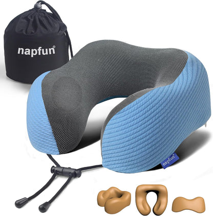 napfun Neck Pillow for Traveling, Upgraded Travel Neck Pillow for Airplane 100% Pure Memory Foam Travel Pillow for Flight Headrest Sleep, Portable Plane Accessories, Light Grey