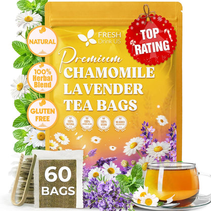 FreshDrinkUS, Premium Chamomile Lavender Tea, 60 Count, Caffeine Free