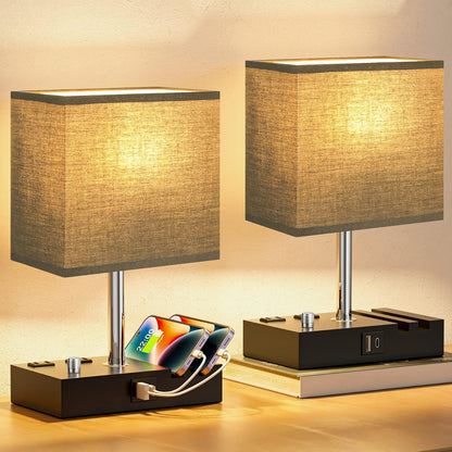 Kakanuo Fully Dimmable Nightstand Lamp for Bedroom with USB C Ports, Grey Small Bedside Table Lamp with Charging Outlets and Phone Stands, Wooden Desk Lamp for Living Room, LED Bulb Included