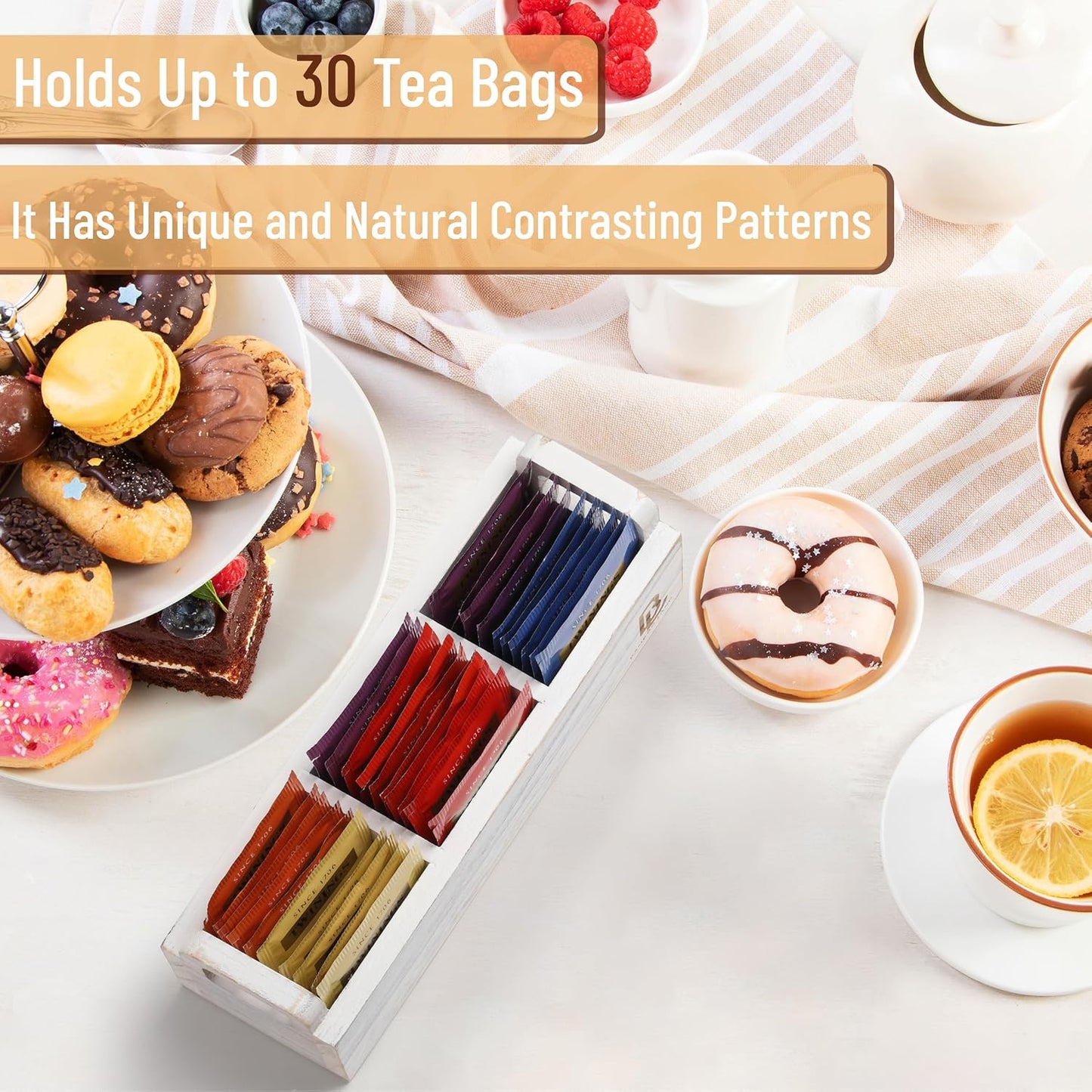 BAMBOO LAND- Small Wooden Tea Bag Organizer, 3 Slot Small Wooden Tea Bag Holder for Countertop, Storage Caddy Box for Tea Packets, Sugar Packet Holder, Kitchen Accessory for Home, Office, Coffee Bar