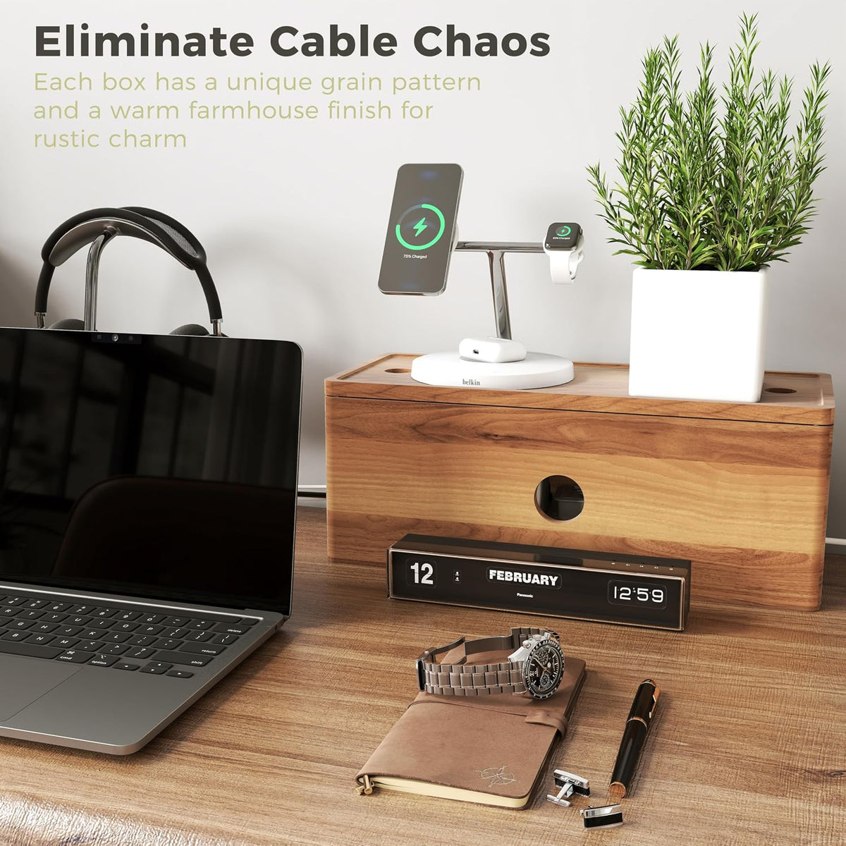 Large Cable Management Box Acacia Wood Cord Organizer Power Strip & Cables
