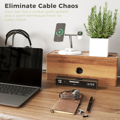 Large Cable Management Box Acacia Wood Cord Organizer Power Strip & Cables