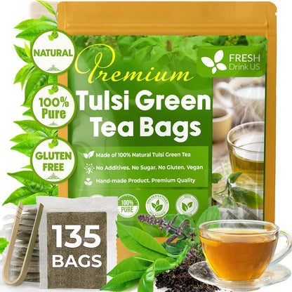 FreshDrinkUS, Premium 135 Tulsi Green Tea Bags, 100% Natural, Blend of Tulsi Holy Basil Leaves, and Green Tea Leaves. Made with Natural Material Tea Bags. No Sugar, Vegan.