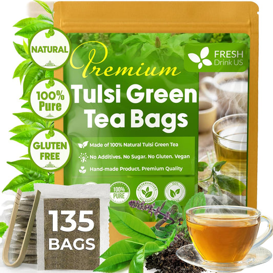 FreshDrinkUS, Premium 135 Tulsi Green Tea Bags, 100% Natural, Blend of Tulsi Holy Basil Leaves, and Green Tea Leaves. Made with Natural Material Tea Bags. No Sugar, Vegan.