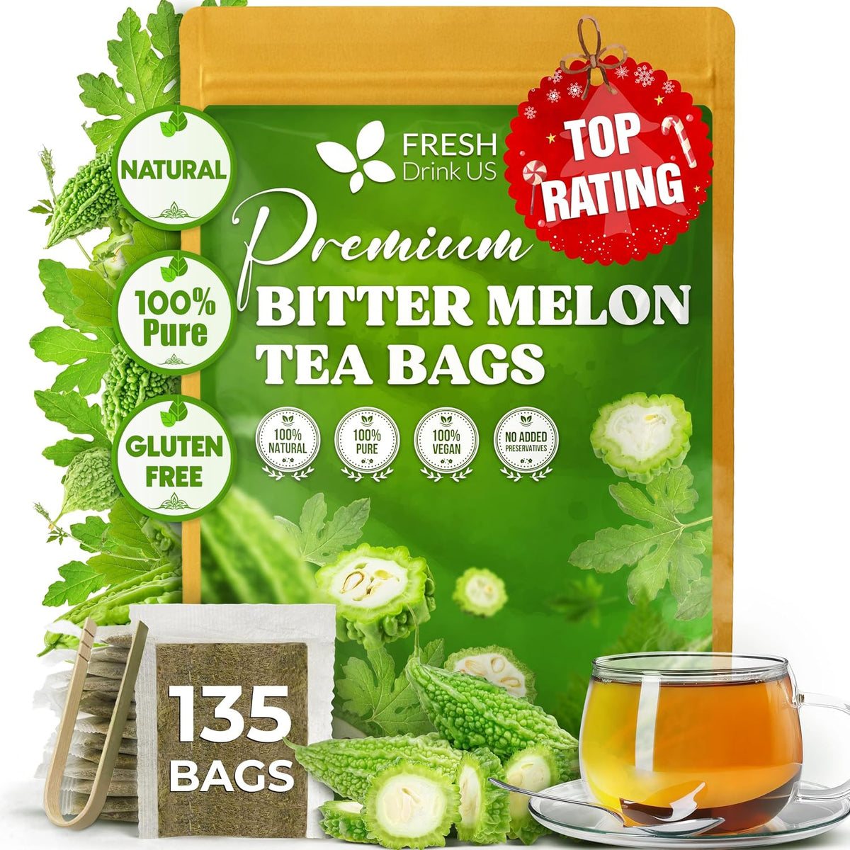 FreshDrinkUS, Premium 135 Bitter Melon Tea Bags, 100% Natural & Pure, Herbal Tea, Daily Infusion Botanical, No Sugar, No Caffeine, No Gluten, Vegan. Rich in Antioxidants