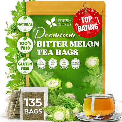 FreshDrinkUS, Premium 135 Bitter Melon Tea Bags, 100% Natural & Pure, Herbal Tea, Daily Infusion Botanical, No Sugar, No Caffeine, No Gluten, Vegan. Rich in Antioxidants
