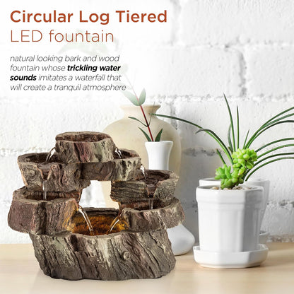 Alpine Corporation | 14"H Indoor Tiered Log Tabletop Fountain with LED Lights — Cascading Waterfall Design Creates Relaxing Ambiance for Home & Office Décor