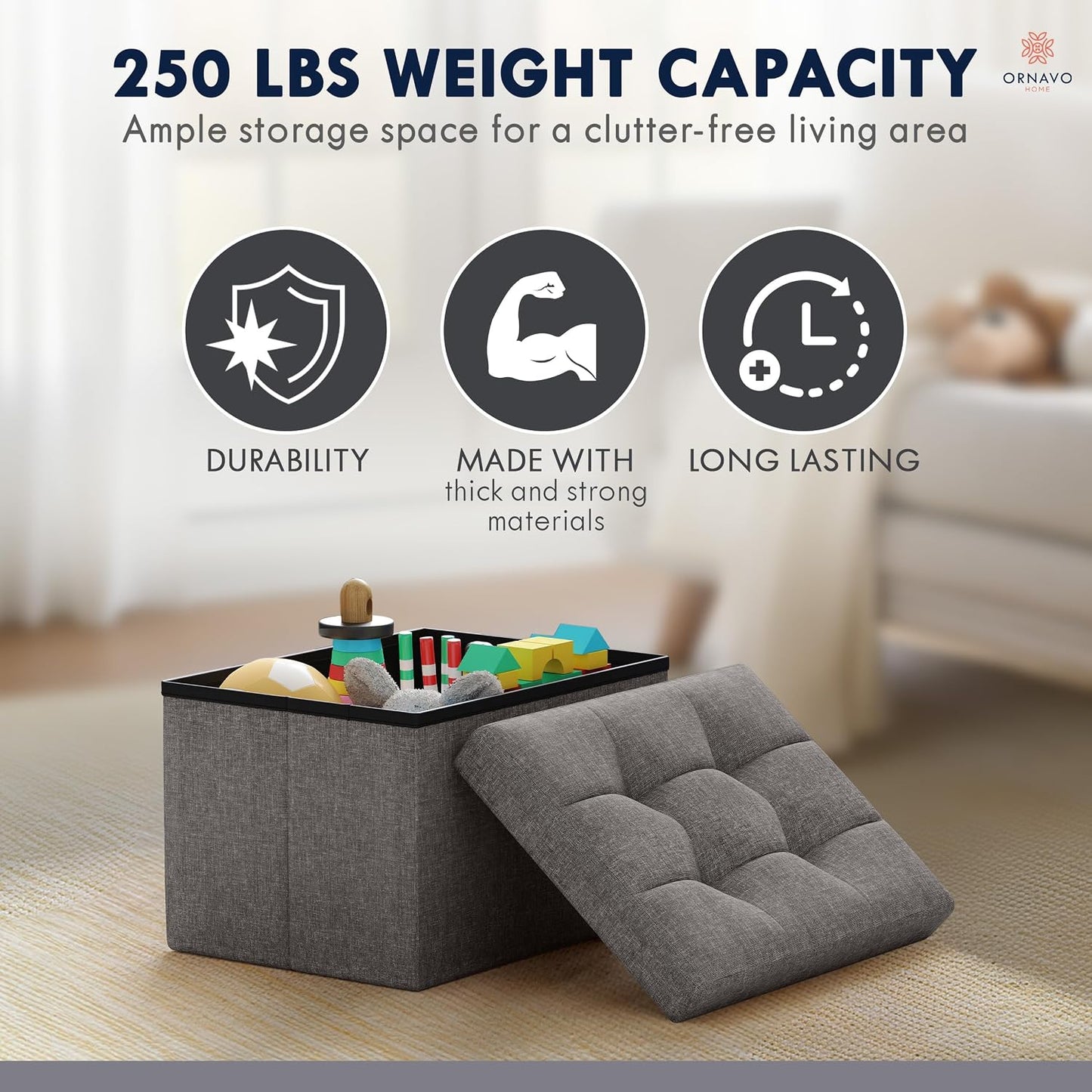 Ornavo Home Small Storage Ottoman Foldable Collapsible Rectangle Linen Ottoman Foot Rest Stool Seat, for Living Room, Bedroom, Home Office, Dorm - 12 x 16 x 12, Black
