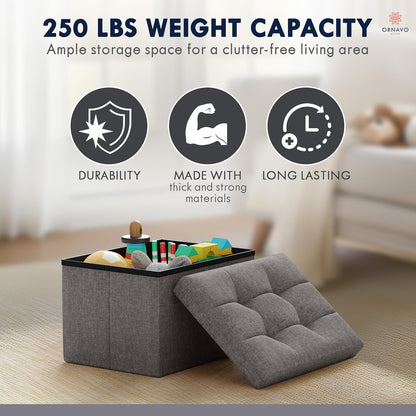 Ornavo Home Small Storage Ottoman Foldable Collapsible Rectangle Linen Ottoman Foot Rest Stool Seat, for Living Room, Bedroom, Home Office, Dorm - 12 x 16 x 12, Black