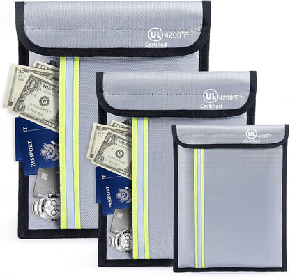 Fireproof Document Bag – 3 Pack (15" x 11", 13" x 9.7", 10.5" x 8") Fireproof & Water- proof Document Organizer | Document Holder with Zipper Secure for Cash, Passports, Check& More
