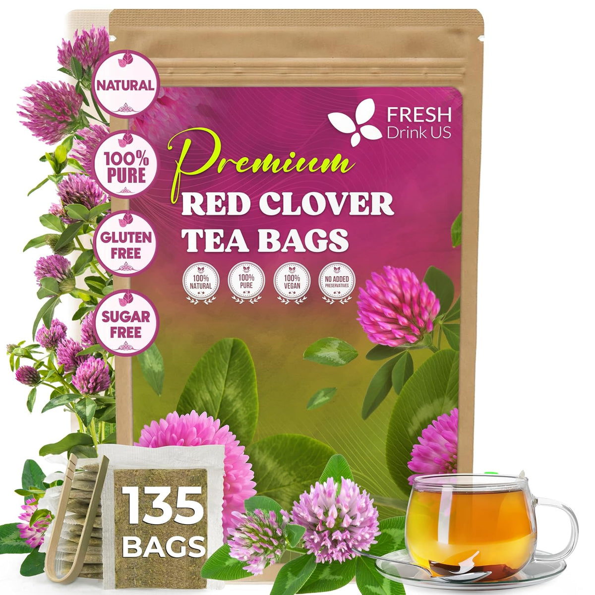 FreshDrinkUS, Premium Red Clover Herbal Tea – 135 Bags – Pure – Naturally Smooth & Mild Flavor – Eco-Conscious Packaging. Caffeine-Free. Gluten Free. Vegan.