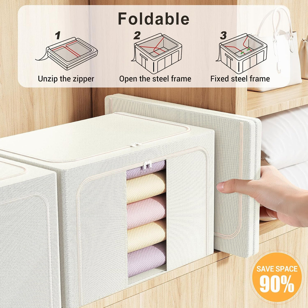 Clothes Storage Bins with Metal Frame Foldable Storage Box Clothes Organizers Storage Containers for Clothes Sheets Blankets Books Toys Gifts and Holiday Decorations (66Lx3 Pack)