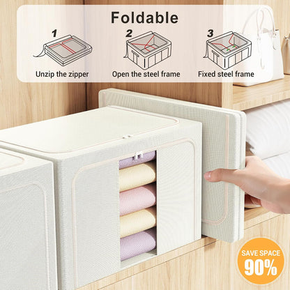 Clothes Storage Bins with Metal Frame Foldable Storage Box Clothes Organizers Storage Containers for Clothes Sheets Blankets Books Toys Gifts and Holiday Decorations (66Lx3 Pack)