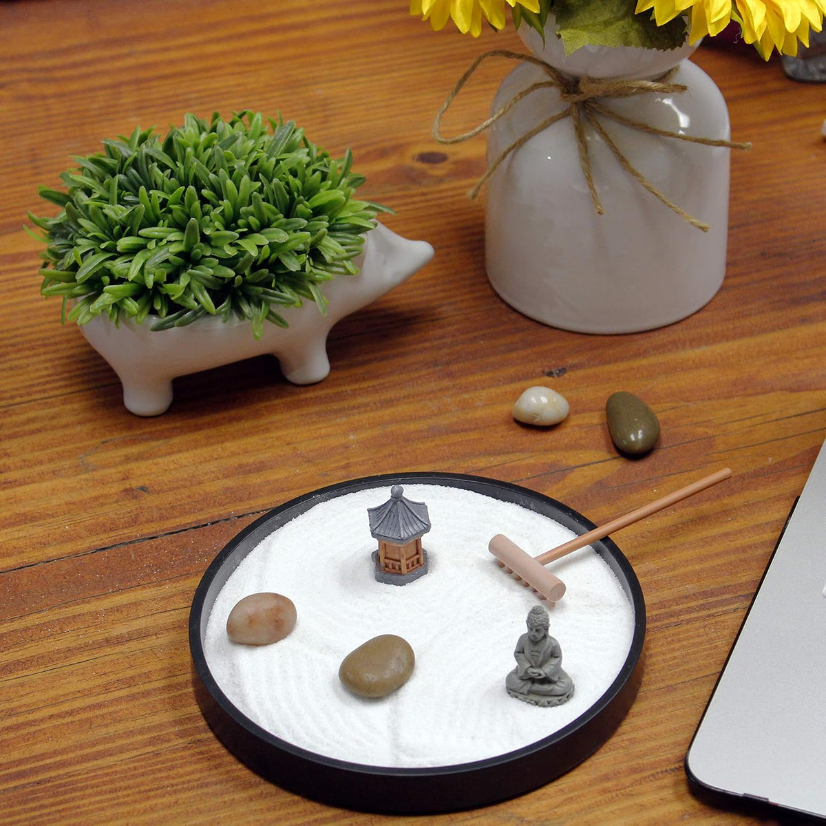 Nature's Mark Mini Zen Garden Kit for Desk with Rake, White Sand, Lotus Figure, 3 Sections Black Square Base, River Rocks and Black Rocks (9Lx9W C)