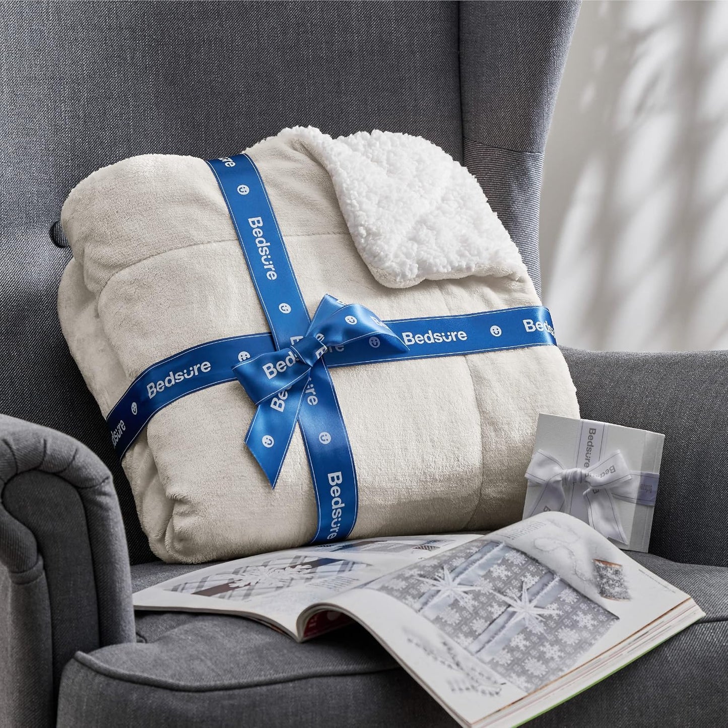 Bedsure GentleSoft Sherpa Fleece Throw Blanket for Couch, Non-Heated, Thick & Warm Cozy Blanket for Winter, Soft Fuzzy Plush Throw Gifts for Women and Men, Grey, 50x60 Inches