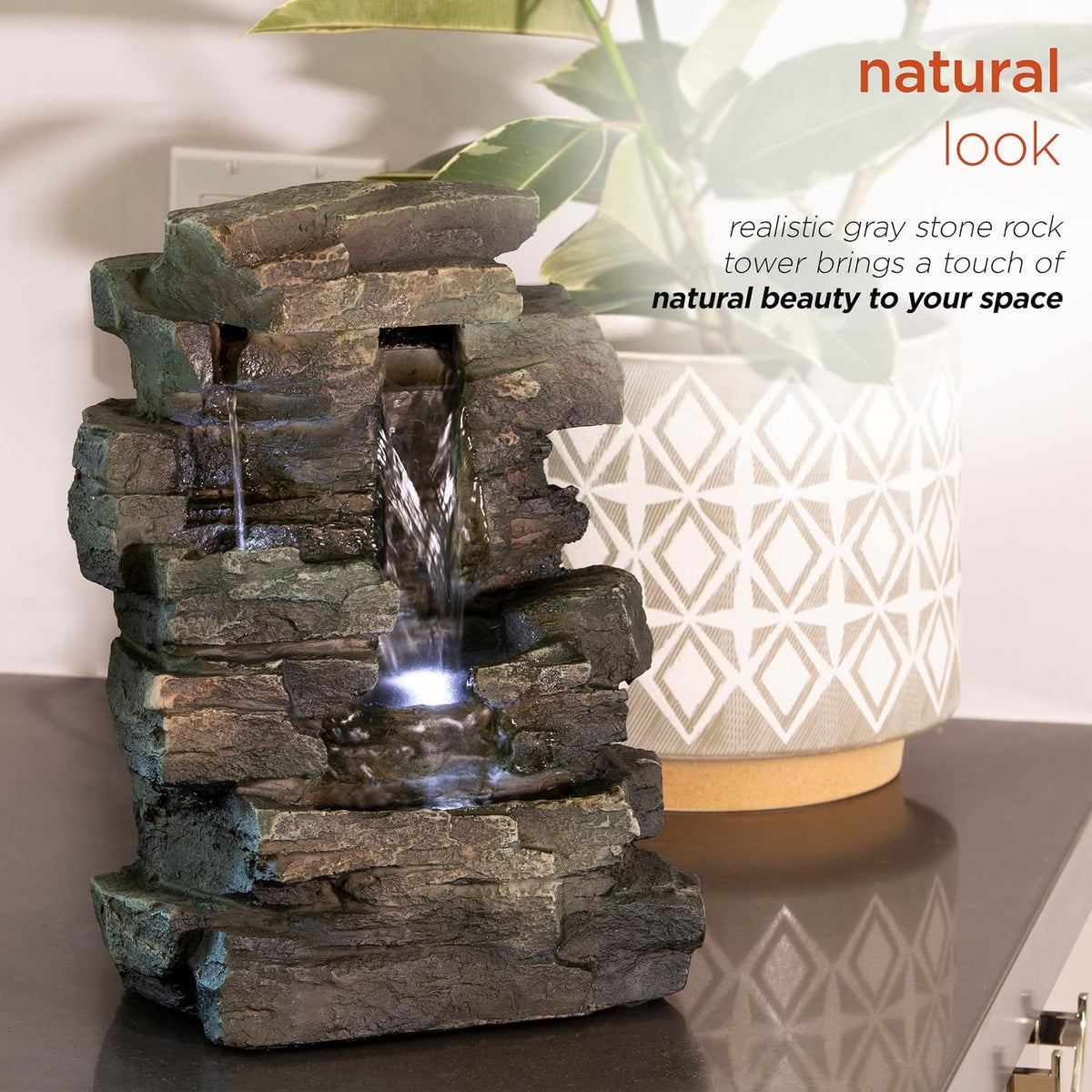 Alpine Corporation 13" Tall Indoor Tabletop Water Fountain, 4 Tier Cascading Water Feature with LED Lights for Home, Office, Living Room, or Zen Decor, Gray