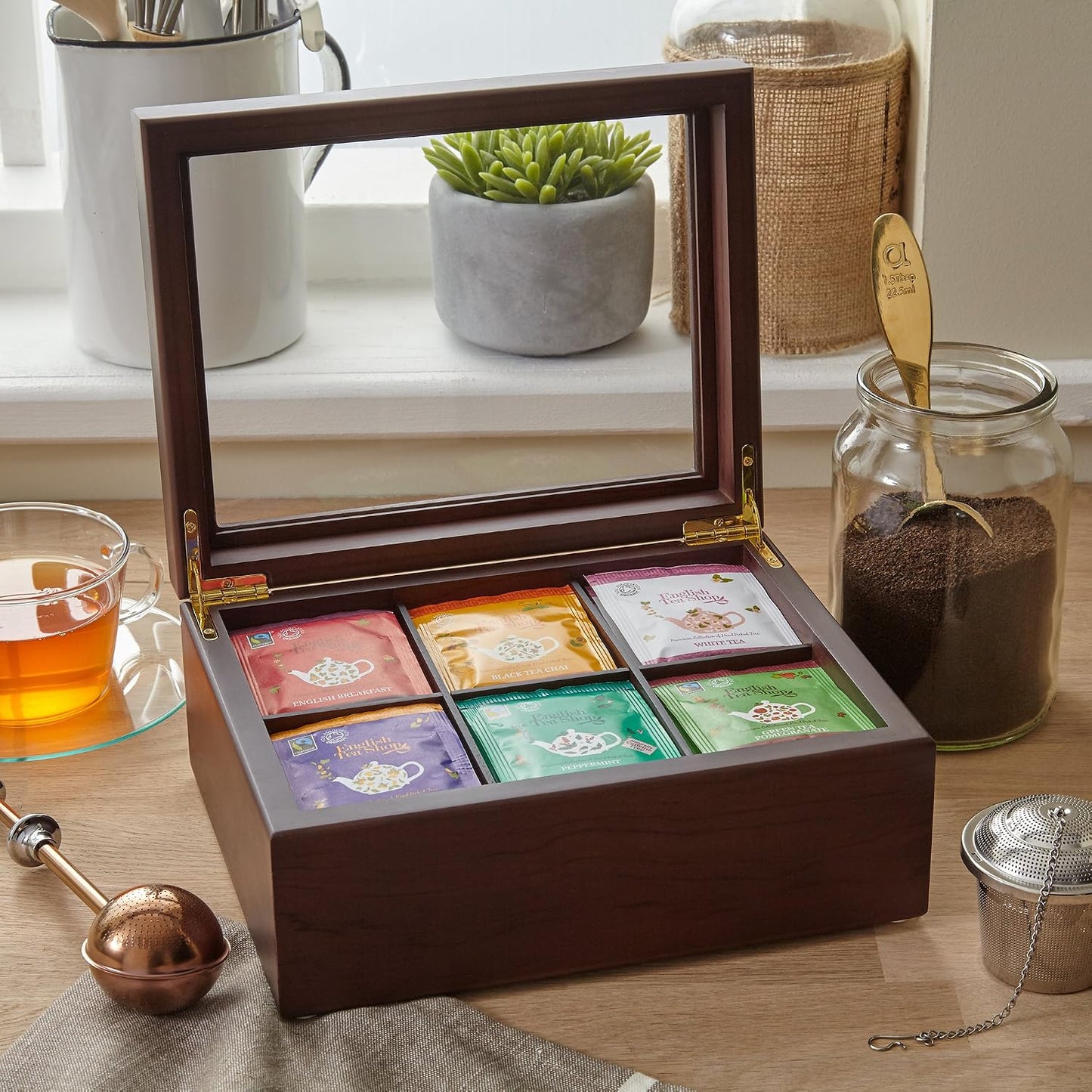 Tea Box - Luxury Wooden Tea Bag Organizer from The Apace Premier Collection - 8 Compartment Tea Storage Chest Container - Elegantly Handmade w/Scratch Resistant Window